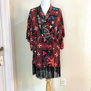 Josie Natori Fringed Floral Kimono Belted robe Art to wear women’s size M